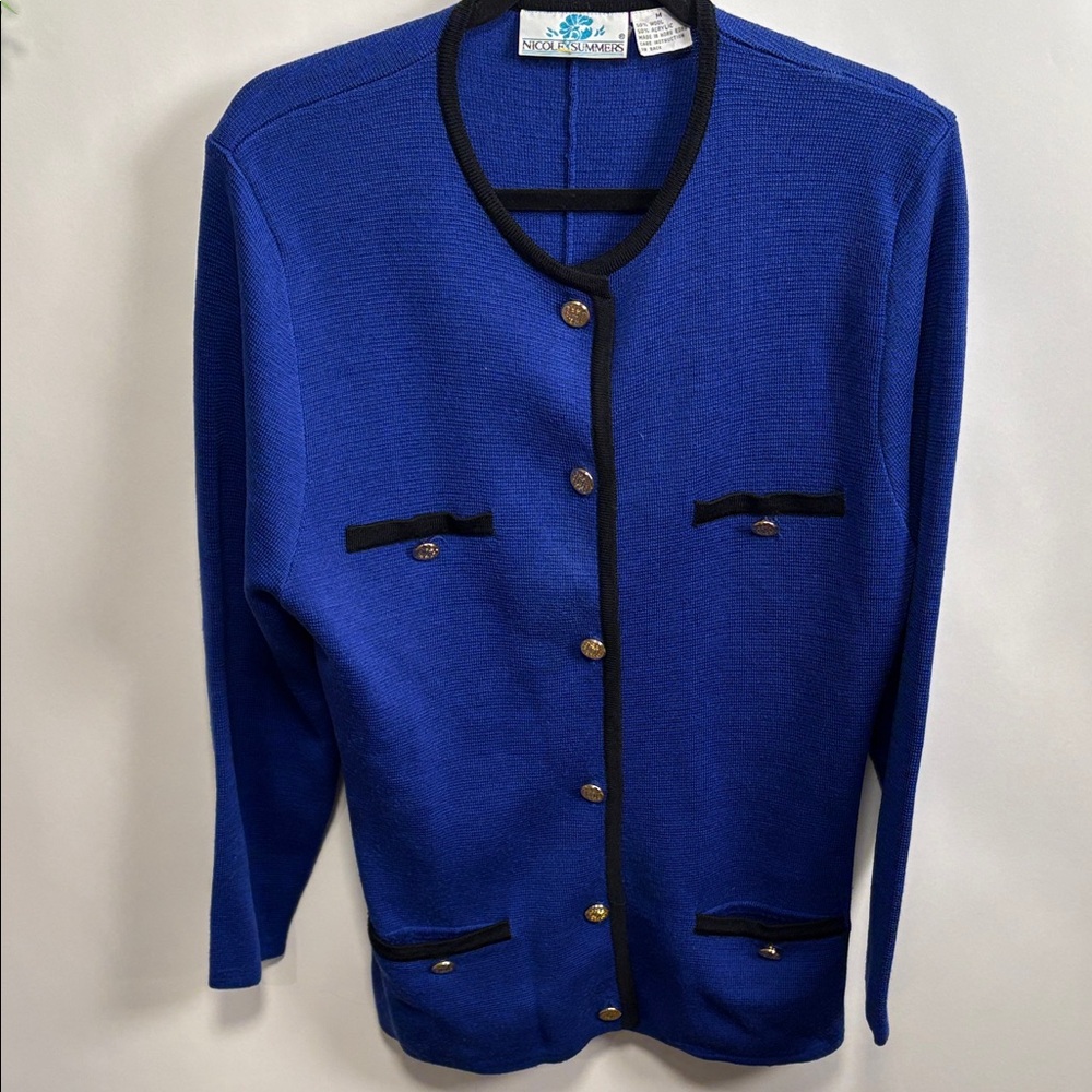 Elegant Blue Cardigan with Black Trim
